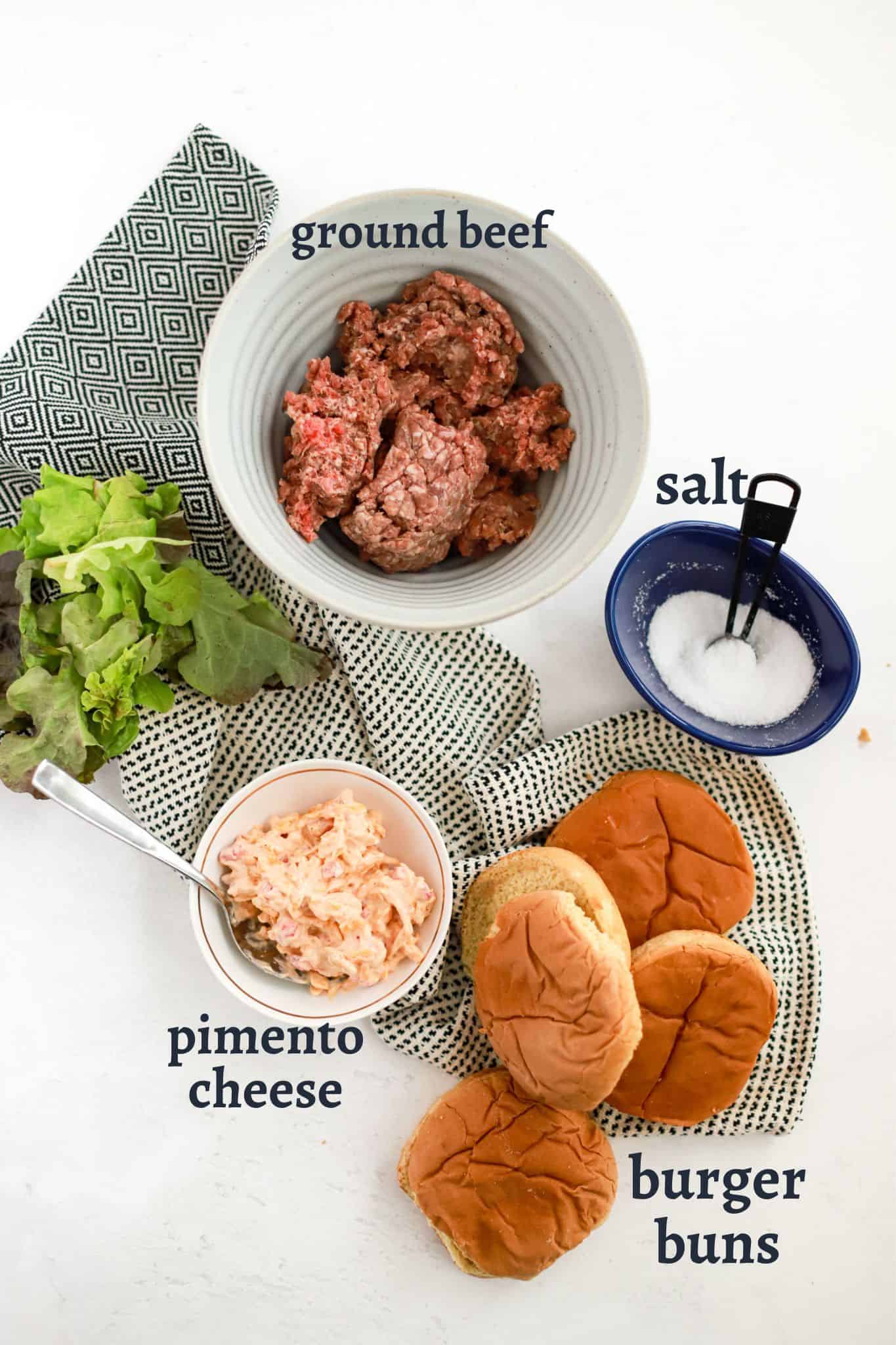 ingredients for cast iron skillet burgers with pimento cheese.
