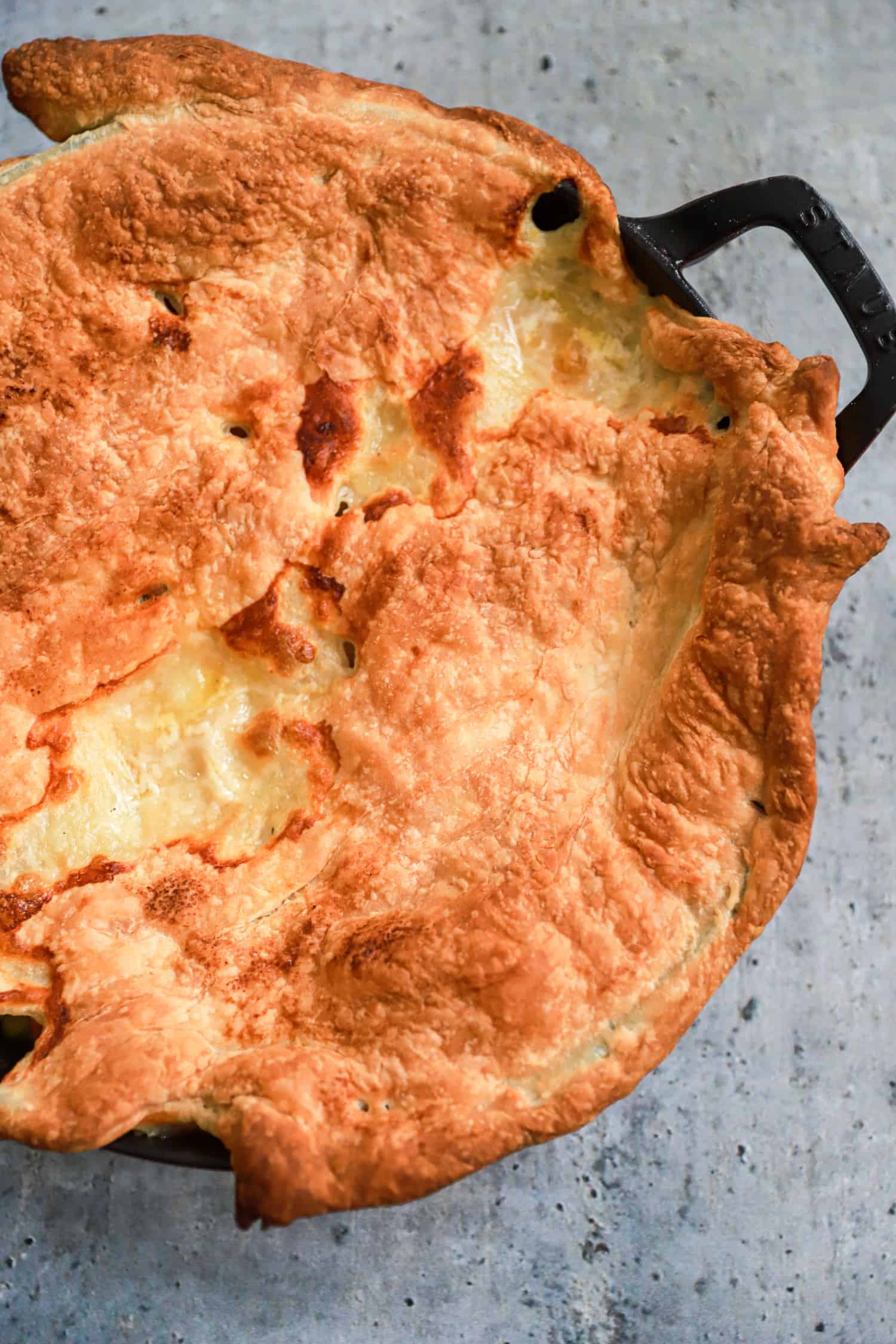 puff pastry crust over pot pie filling.