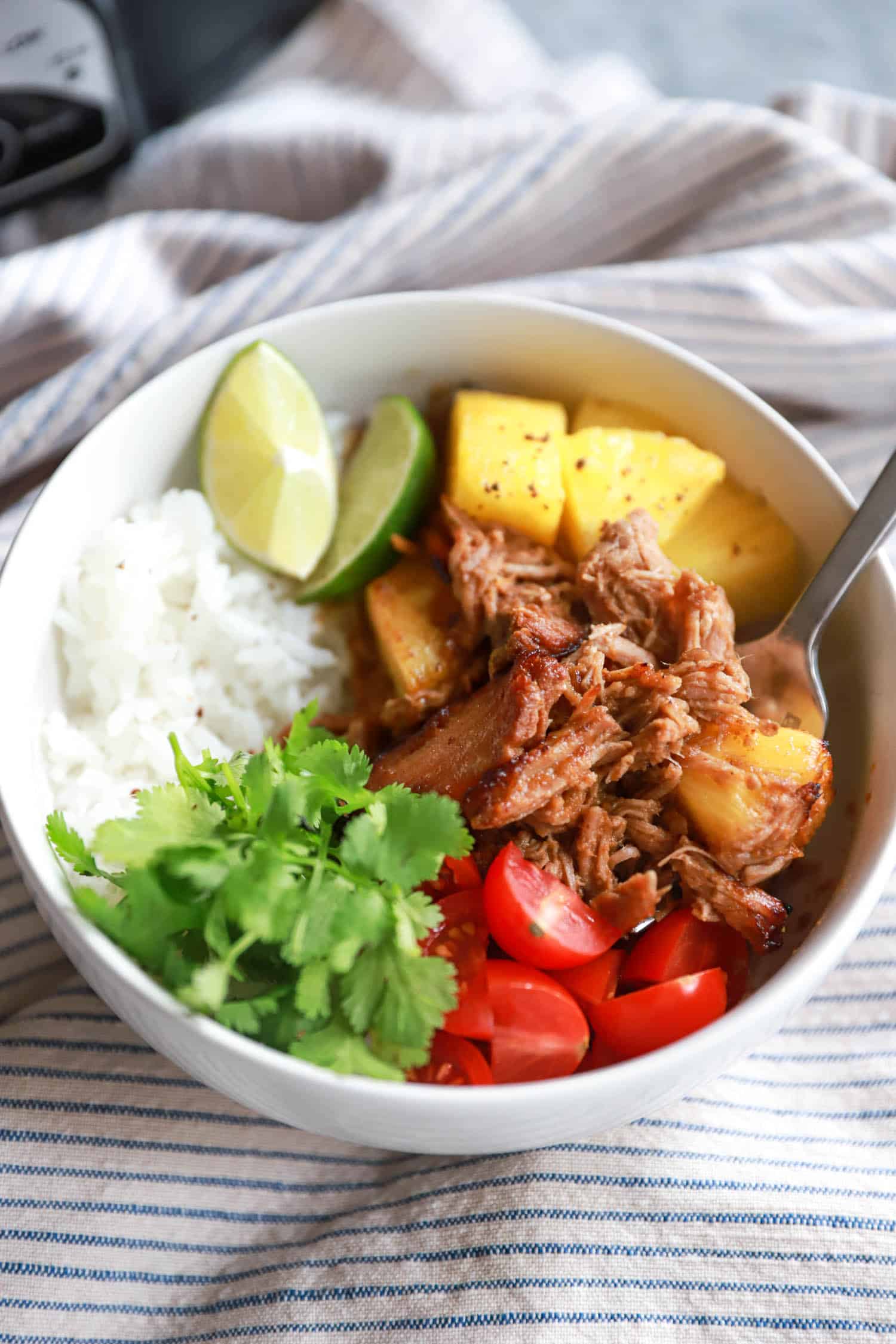 Bowl of al pastor with cilantro, tomatoes, and pineapple chunks arranged over white rice.